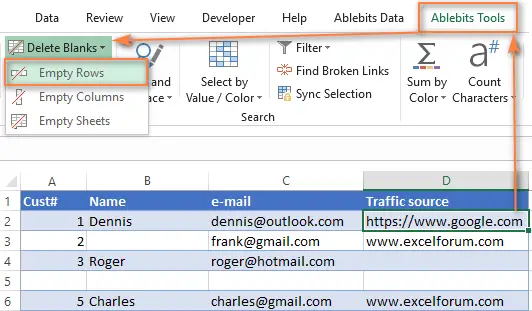 delete empty rows in excel